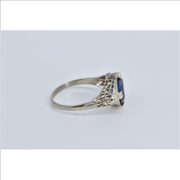 14K Art Deco Oval Filigree Syn. Sapphire White Gold Ring, Size 8
