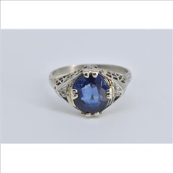 14K Art Deco Oval Filigree Syn. Sapphire White Gold Ring, Size 8