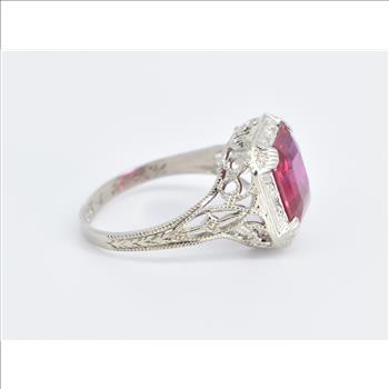 14K Art Deco Square Syn. Ruby Filigree Ornate White Gold Ring, Size 4.25