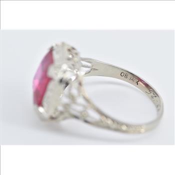 14K Art Deco Square Syn. Ruby Filigree Ornate White Gold Ring, Size 4.25