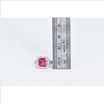 14K Art Deco Square Syn. Ruby Filigree Ornate White Gold Ring, Size 4.25