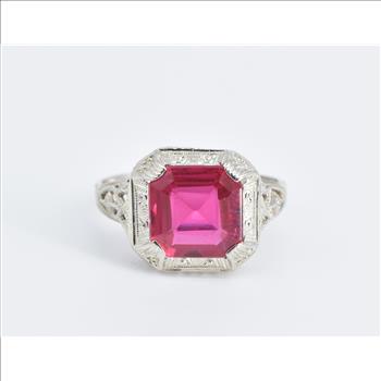 14K Art Deco Square Syn. Ruby Filigree Ornate White Gold Ring, Size 4.25