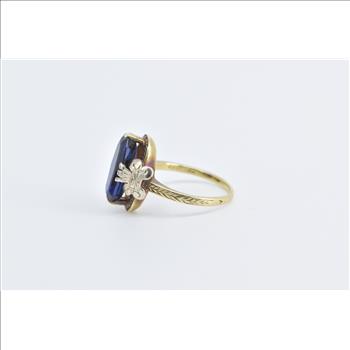 14K Art Deco Syn. Sapphire Ornate Two Tone Yellow Gold Ring, Size 4.25
