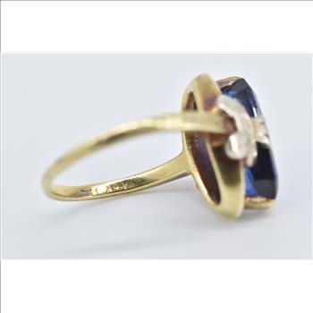14K Art Deco Syn. Sapphire Ornate Two Tone Yellow Gold Ring, Size 4.25