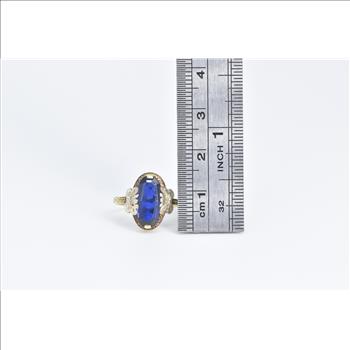 14K Art Deco Syn. Sapphire Ornate Two Tone Yellow Gold Ring, Size 4.25