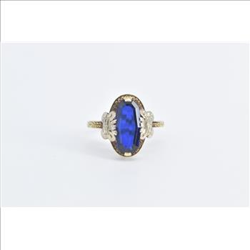 14K Art Deco Syn. Sapphire Ornate Two Tone Yellow Gold Ring, Size 4.25
