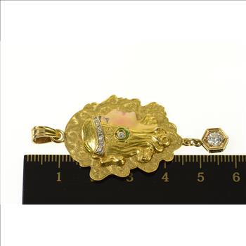 14K Art Nouveau Enamel Lady Etched Elaborate Yellow Gold Pendant