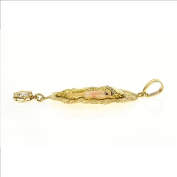 14K Art Nouveau Enamel Lady Etched Elaborate Yellow Gold Pendant