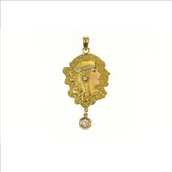 14K Art Nouveau Enamel Lady Etched Elaborate Yellow Gold Pendant