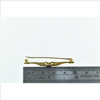 14K Art Nouveau Princess Amethyst Floral Leaf Yellow Gold Pin/Brooch