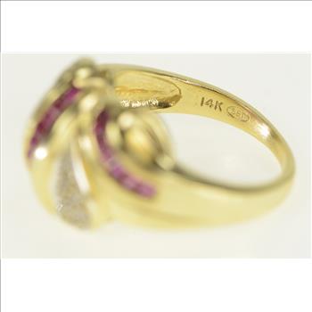 14K Baguette Ruby Diamond Pave Wave Statement Yellow Gold Ring, Size 6
