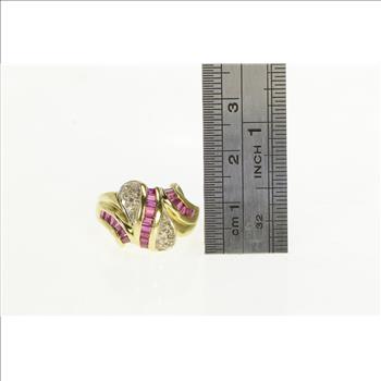 14K Baguette Ruby Diamond Pave Wave Statement Yellow Gold Ring, Size 6