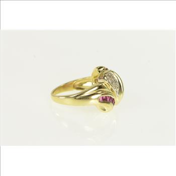 14K Baguette Ruby Diamond Pave Wave Statement Yellow Gold Ring, Size 6