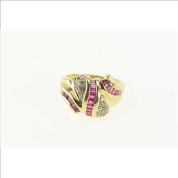 14K Baguette Ruby Diamond Pave Wave Statement Yellow Gold Ring, Size 6