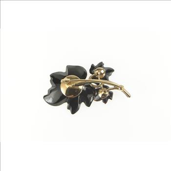 14K Black Bakelite Diamond Leaf Cluster Retro Yellow Gold Pin/Brooch