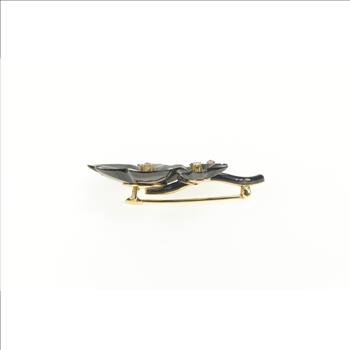 14K Black Bakelite Diamond Leaf Cluster Retro Yellow Gold Pin/Brooch