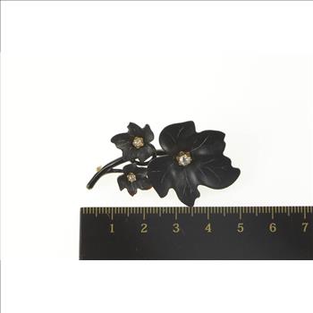 14K Black Bakelite Diamond Leaf Cluster Retro Yellow Gold Pin/Brooch