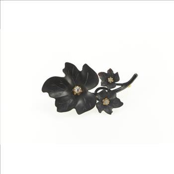 14K Black Bakelite Diamond Leaf Cluster Retro Yellow Gold Pin/Brooch