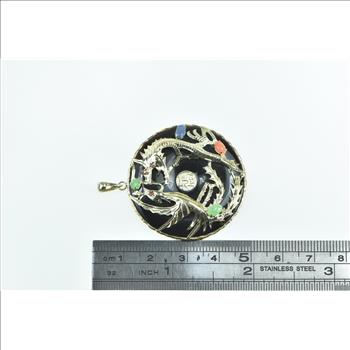 14K Black Onyx Chinese Dragon Bi Ornate Yellow Gold Pendant