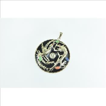 14K Black Onyx Chinese Dragon Bi Ornate Yellow Gold Pendant
