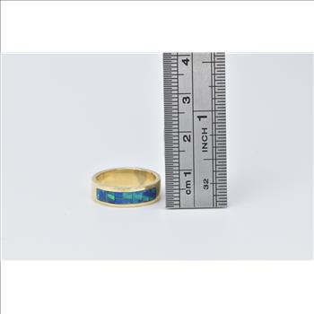 14K Black Opal Inlay Vintage Statement Band Yellow Gold Ring, Size 5.25