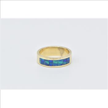 14K Black Opal Inlay Vintage Statement Band Yellow Gold Ring, Size 5.25