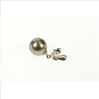 14K Black Pearl Baguette Diamond Wavy Statement White Gold Pendant