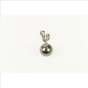 14K Black Pearl Baguette Diamond Wavy Statement White Gold Pendant