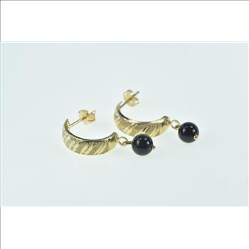 14K Black Sphere Dangle Curved Drop Yellow Gold Earrings