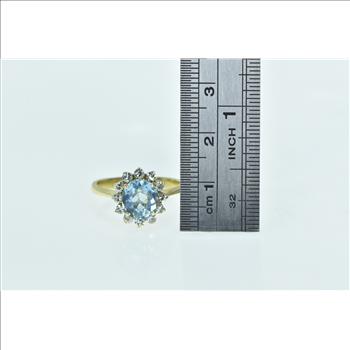 14K Blue Topaz Diamond Halo Classic Statement Yellow Gold Ring, Size 7.25