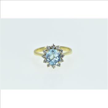 14K Blue Topaz Diamond Halo Classic Statement Yellow Gold Ring, Size 7.25