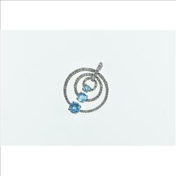 14K Blue Topaz Tiered Circle Diamond Ring White Gold Pendant