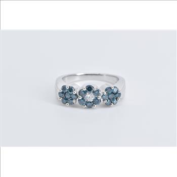 14K Blue & White Diamond Flower Cluster Statement White Gold Ring, Size 7.25