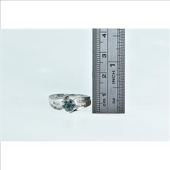 14K Blue & White Diamond Flower Engagement White Gold Ring, Size 7