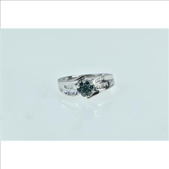 14K Blue & White Diamond Flower Engagement White Gold Ring, Size 7