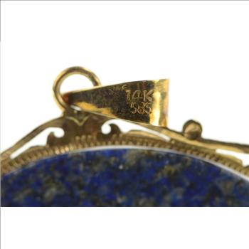 14K Buddhist Lapis Jade Chinese Medallion Yellow Gold Pendant/Pin