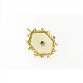 14K Camphor Glass Filigree Trim Sapphire Yellow Gold Pendant