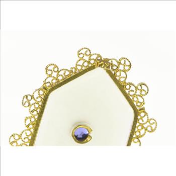 14K Camphor Glass Filigree Trim Sapphire Yellow Gold Pendant