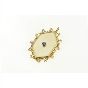 14K Camphor Glass Filigree Trim Sapphire Yellow Gold Pendant