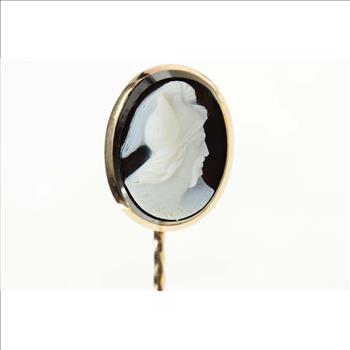 14K Carved Black Agate Cameo Oval Ornate Yellow Gold Stick Pin