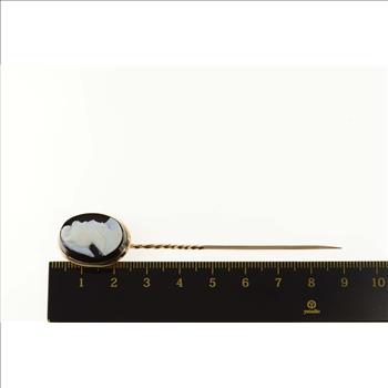 14K Carved Black Agate Cameo Oval Ornate Yellow Gold Stick Pin