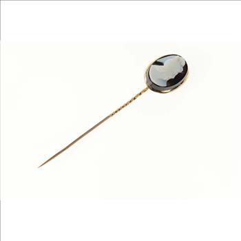 14K Carved Black Agate Cameo Oval Ornate Yellow Gold Stick Pin