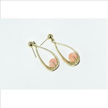 14K Carved Coral Rose Flower Dangle Filigree Yellow Gold Earrings