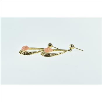 14K Carved Coral Rose Flower Dangle Filigree Yellow Gold Earrings