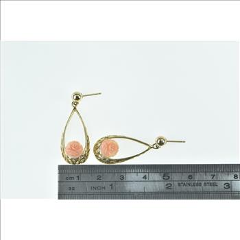 14K Carved Coral Rose Flower Dangle Filigree Yellow Gold Earrings