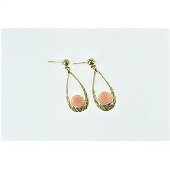 14K Carved Coral Rose Flower Dangle Filigree Yellow Gold Earrings