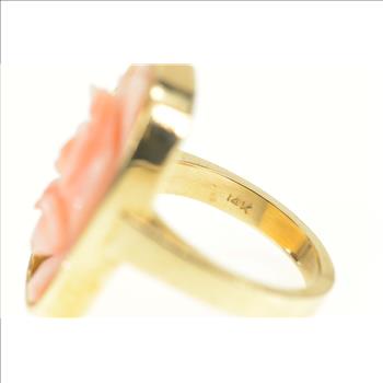 14K Carved Coral Rose Flower Ornate Statement Yellow Gold Ring, Size 7.25