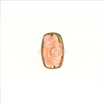 14K Carved Coral Rose Flower Ornate Statement Yellow Gold Ring, Size 7.25
