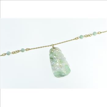 14K Carved Floral Jade Talisman Statement Chain Yellow Gold Necklace 22.25