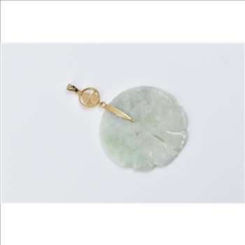 14K Carved Jadeite Pisces Fish Chinese Longevity Yellow Gold Pendant